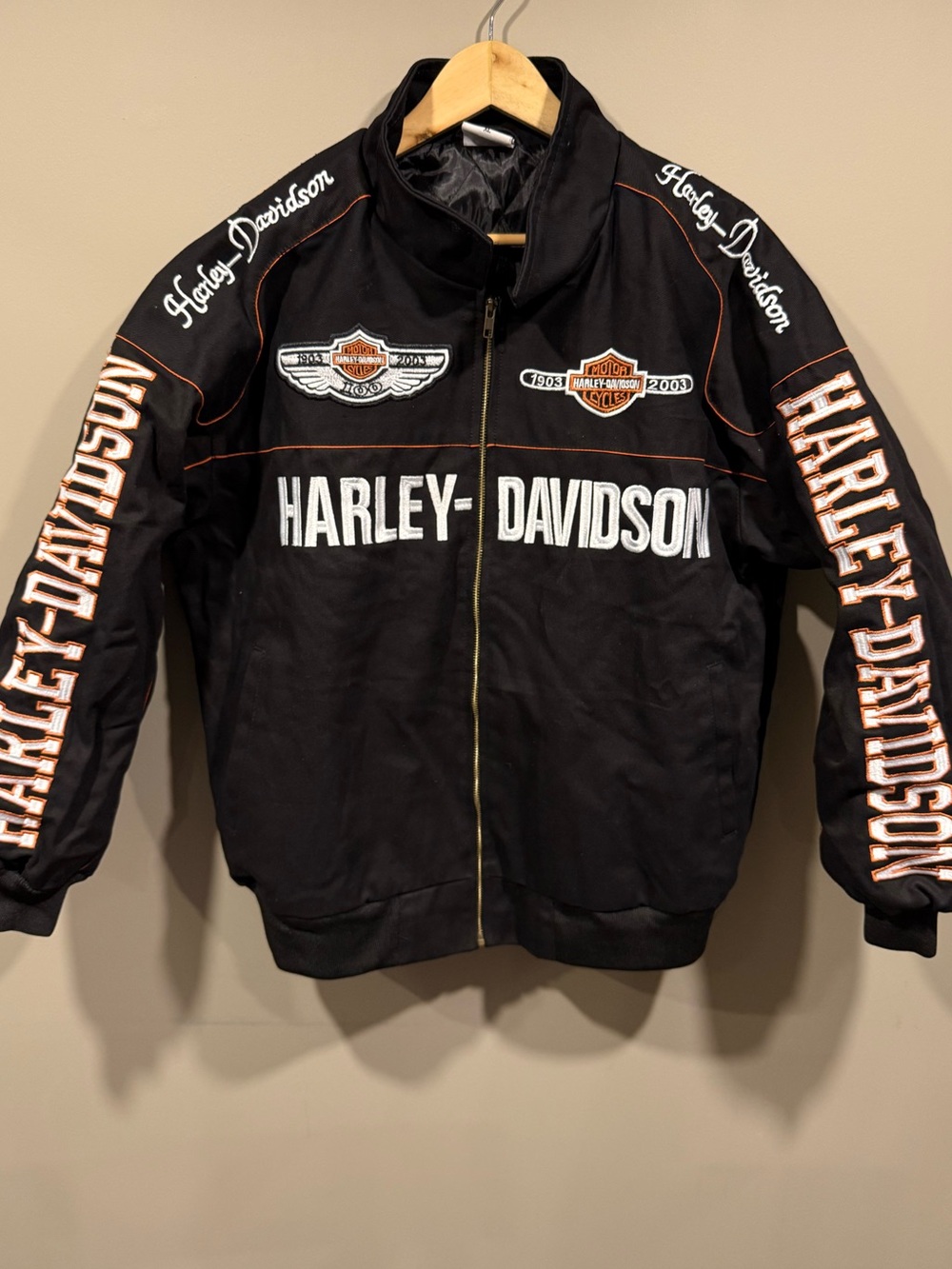 Harley-Davidson inspired motorcycle denim racing Jacket script Logo Accents NWOT